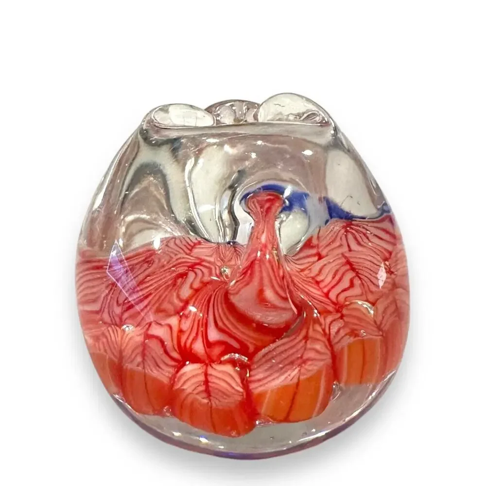 Art Glass Rabbit Paperweight Bunny Hand Blown Millefiori Clear Red White Blue